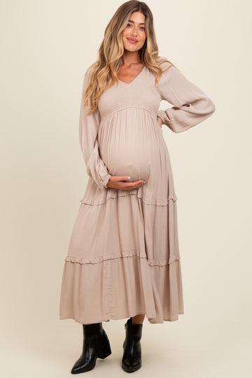 Beige Smocked V-Neck Ruffle Tiered Maternity Maxi Dress