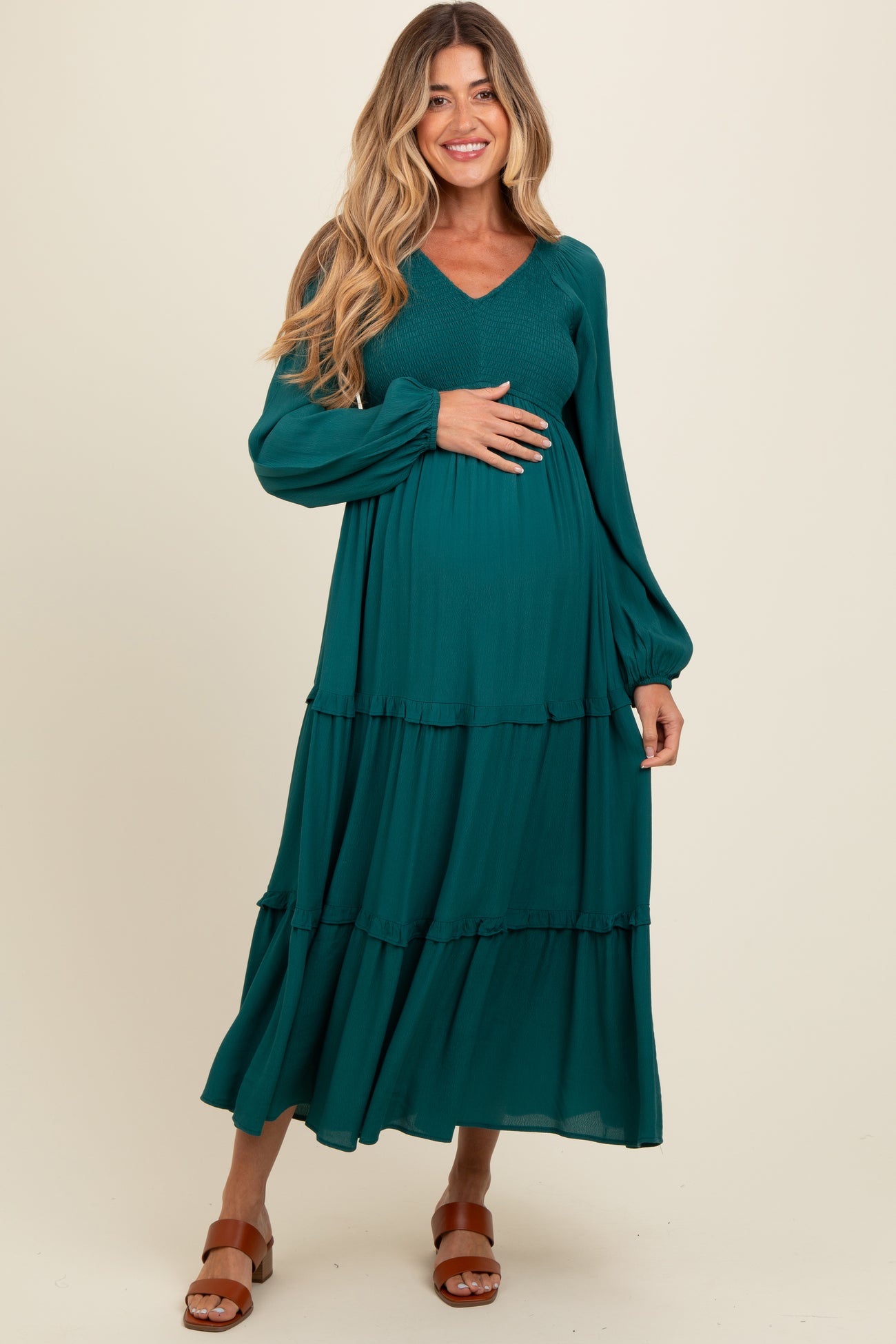 Floral Maternity Wrap Midi Dress Emerald Green Ruffle Trim Tiered Maternity Dress PinkBlush Floral Maternity Wrap Midi Dress Emerald Green Ruffle Trim Tiered Maternity Dress PinkBlush