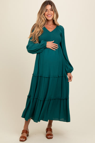Emerald Smocked Tiered Maternity Midi Dress – PinkBlush