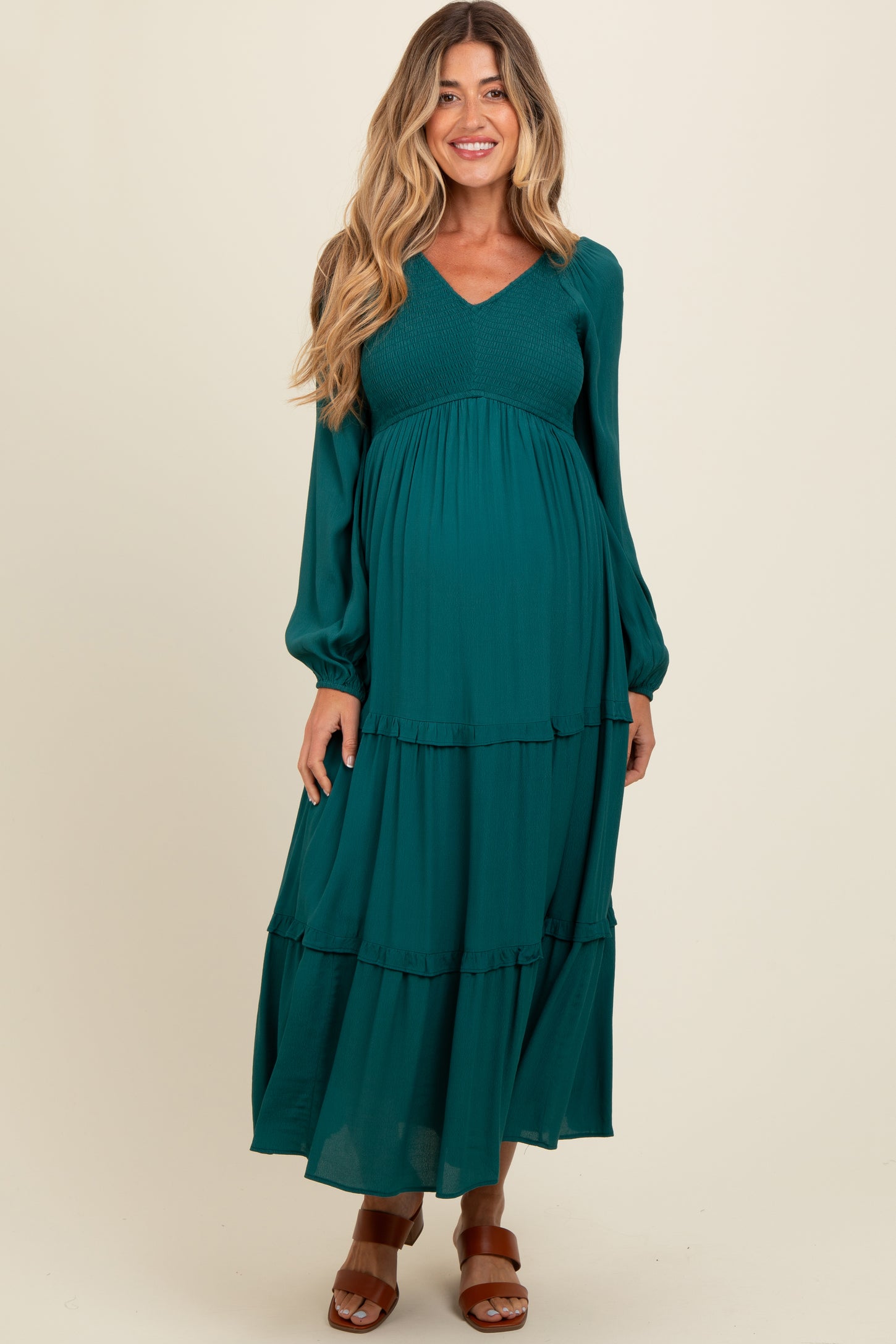 Emerald Smocked Tiered Maternity Midi Dress PinkBlush Emerald Smocked Tiered Maternity Midi Dress PinkBlush