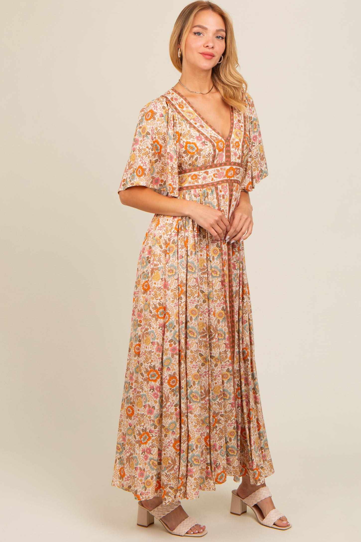 Ivory Floral Border Print Flutter Sleeve Maxi Dress PinkBlush Ivory Floral Border Print Flutter Sleeve Maxi Dress PinkBlush
