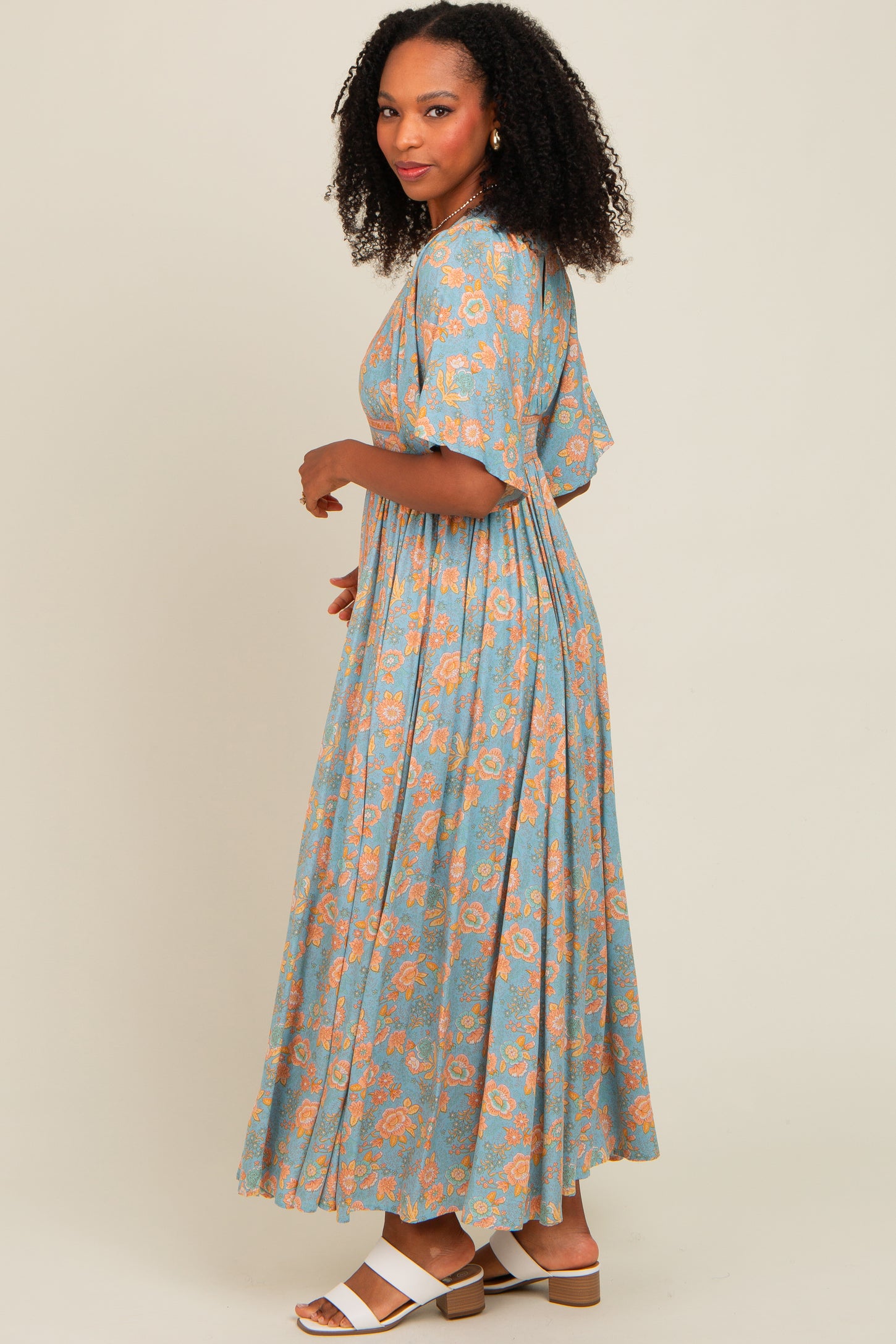 Blue Floral Border Print Flutter Sleeve Maxi Dress