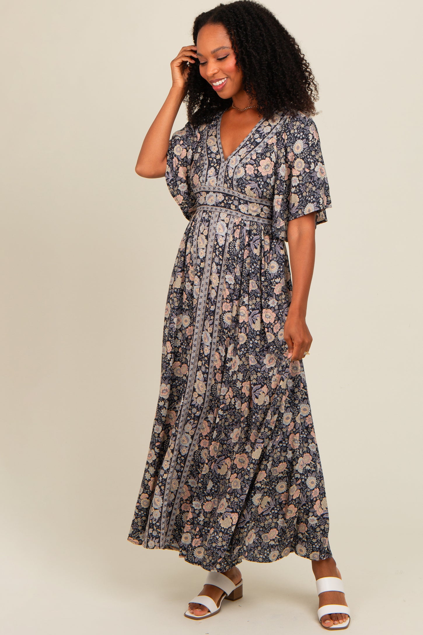 Navy Blue Floral Border Print Flutter Sleeve Maternity Maxi Dress