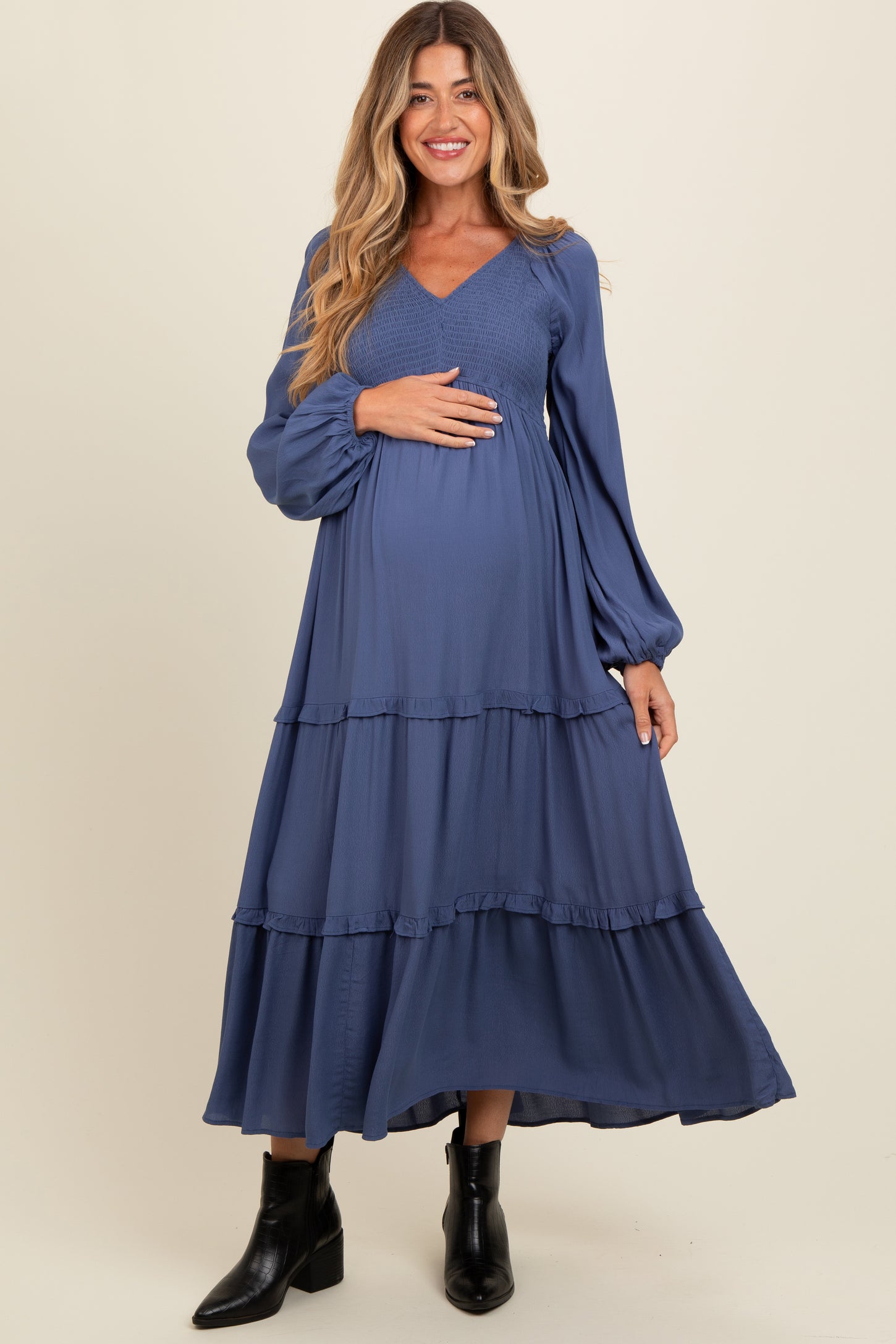 Blue Smocked Tiered Maternity Midi Dress – PinkBlush