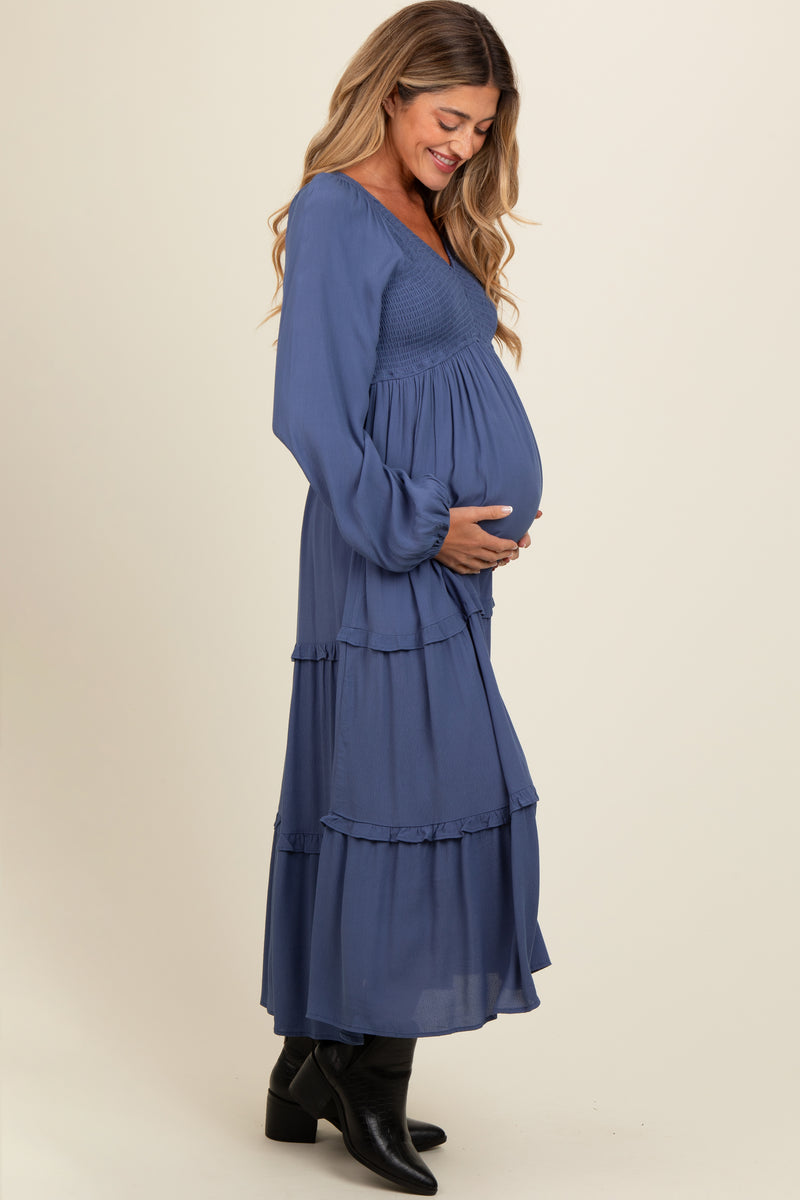 Blue Smocked Tiered Maternity Midi Dress – PinkBlush
