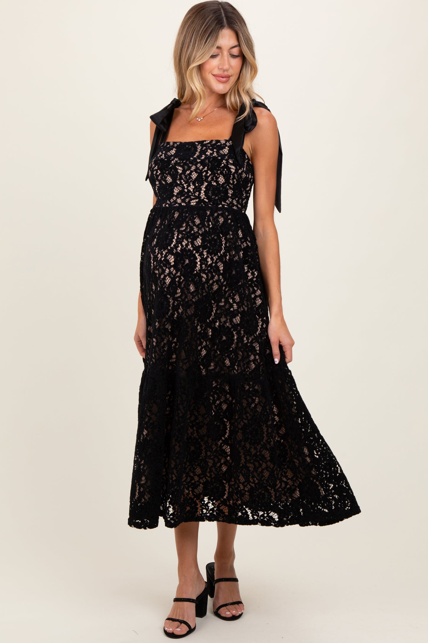 Black Velvet Lace Shoulder Bow Maternity Maxi Dress Black Velvet Lace Shoulder Bow Maternity Maxi Dress