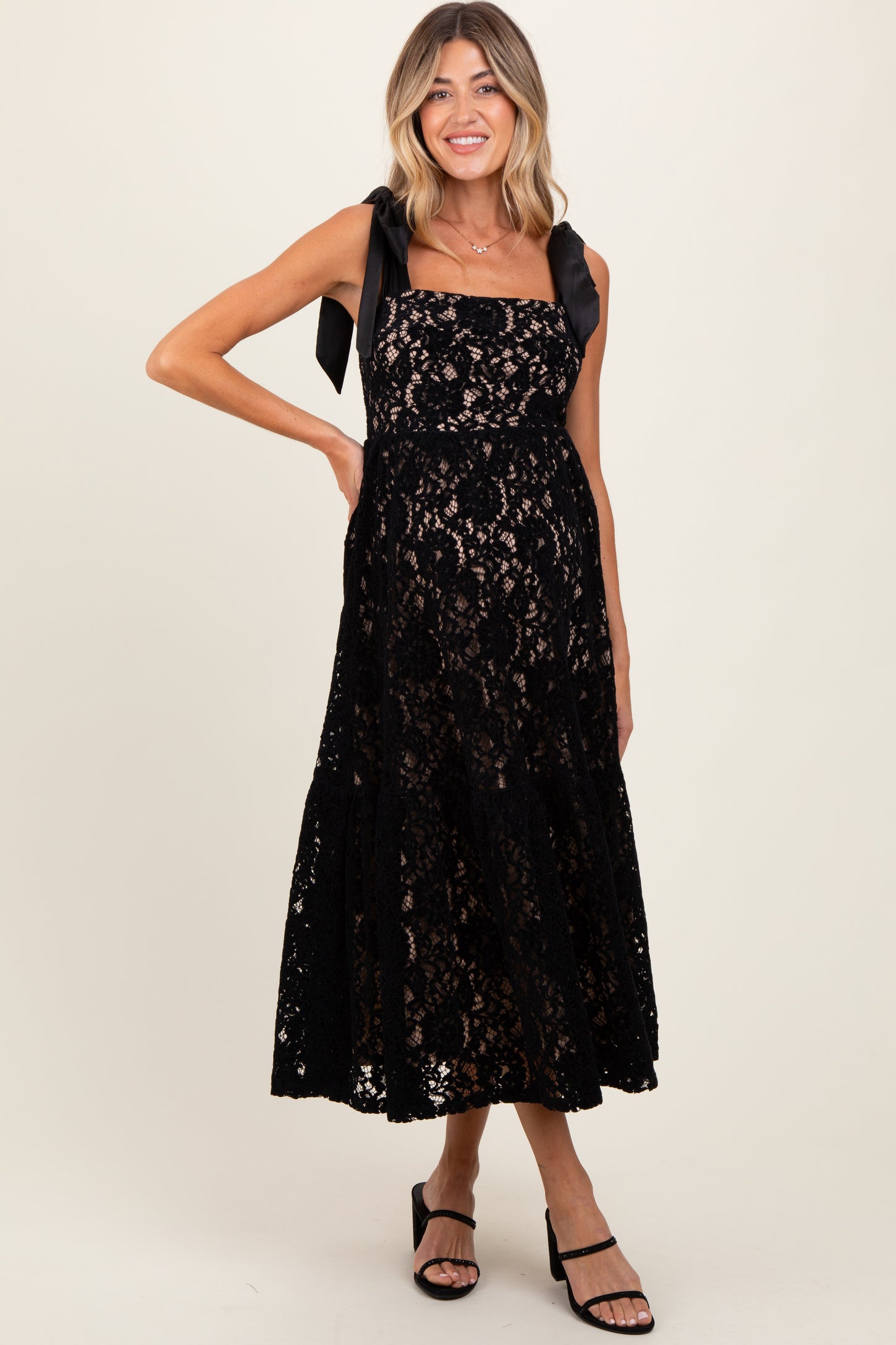 Black Velvet Lace Shoulder Bow Maternity Maxi Dress Black Velvet Lace Shoulder Bow Maternity Maxi Dress