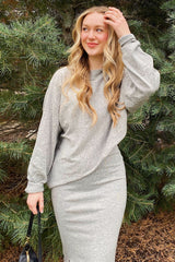 Heather Grey Knit Asymmetrical Top Midi Skirt Set