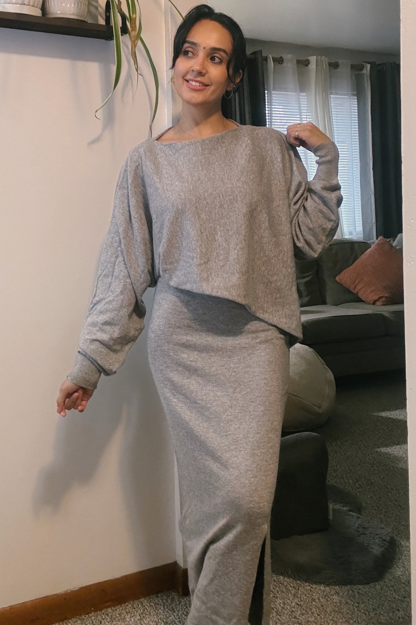 Heather Grey Knit Asymmetrical Top Midi Skirt Set