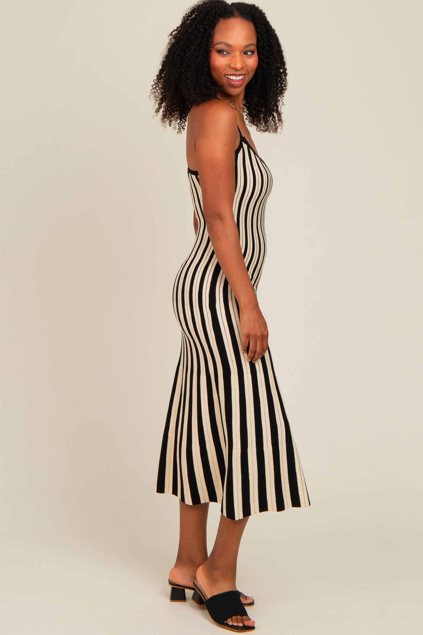 Black Striped Knit Fitted Midi Dress