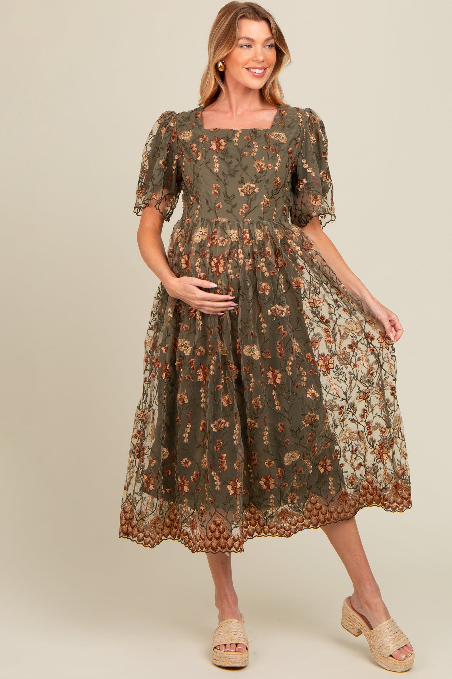 Olive Floral Embroidered Mesh Overlay Maternity Midi Dress PinkBlush Olive Floral Embroidered Mesh Overlay Maternity Midi Dress PinkBlush