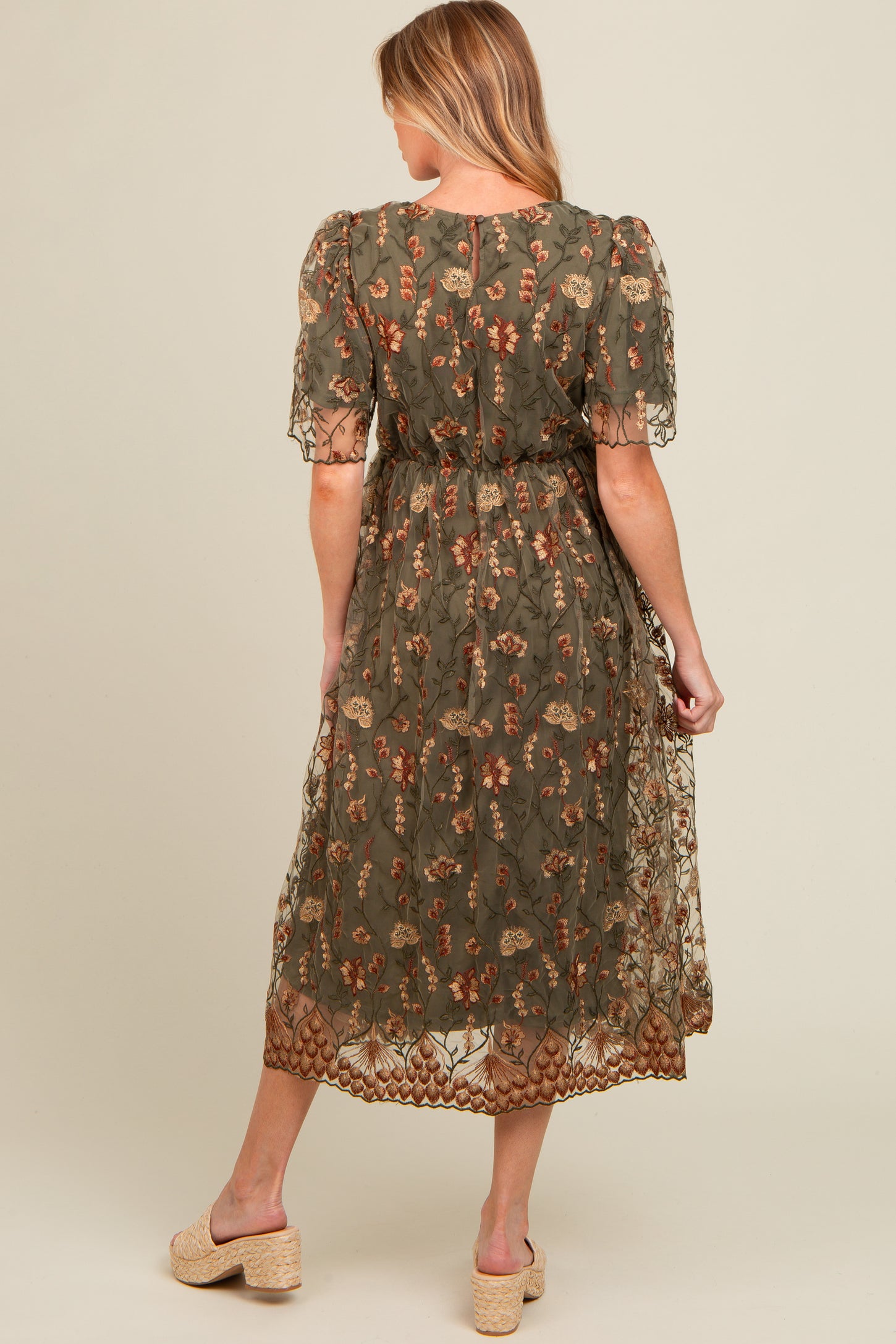 Olive Floral Embroidered Mesh Overlay Maternity Midi Dress PinkBlush Olive Floral Embroidered Mesh Overlay Maternity Midi Dress PinkBlush
