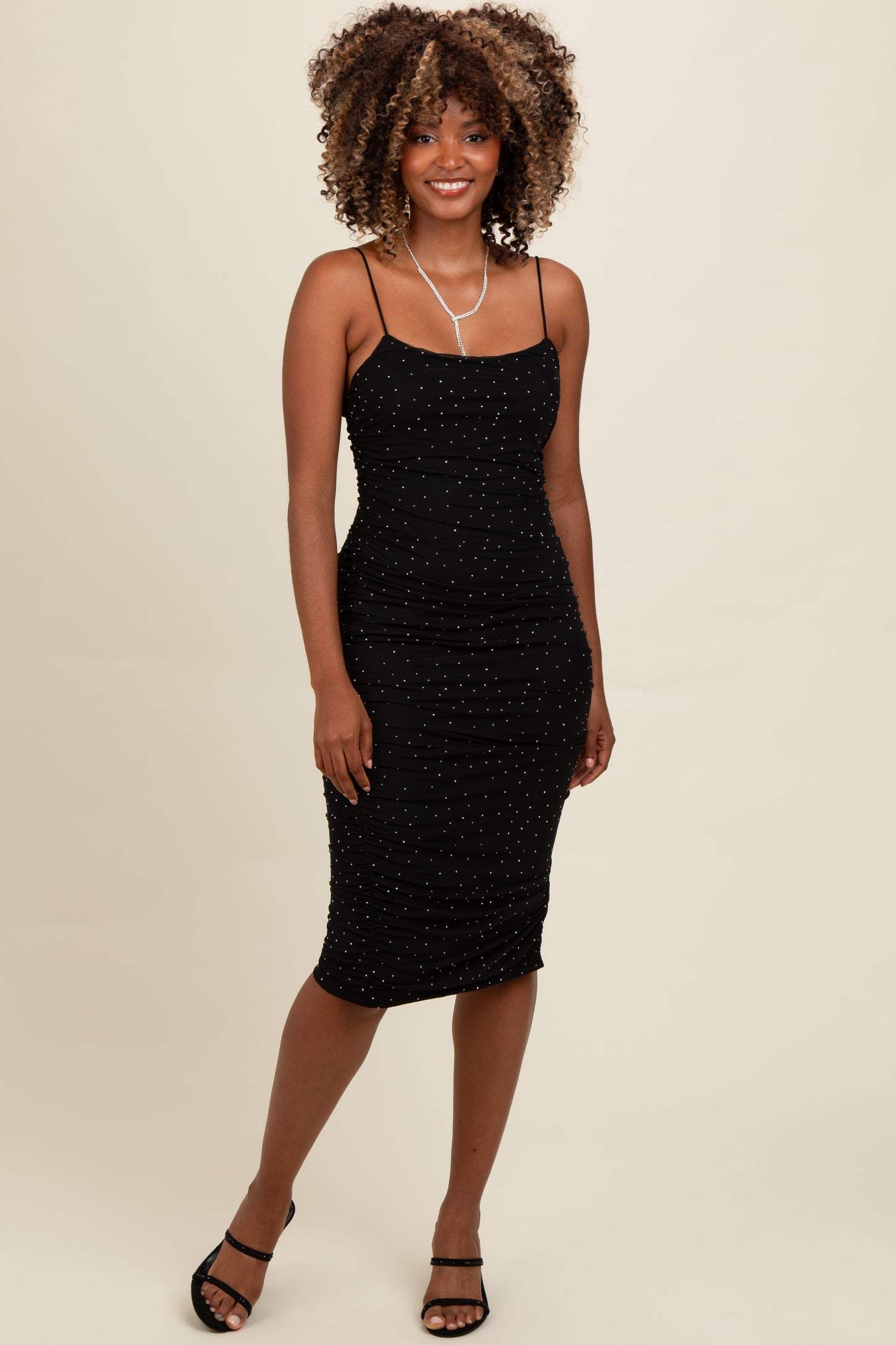 Black Rhinestone Sleeveless Ruched Mesh Midi Dress