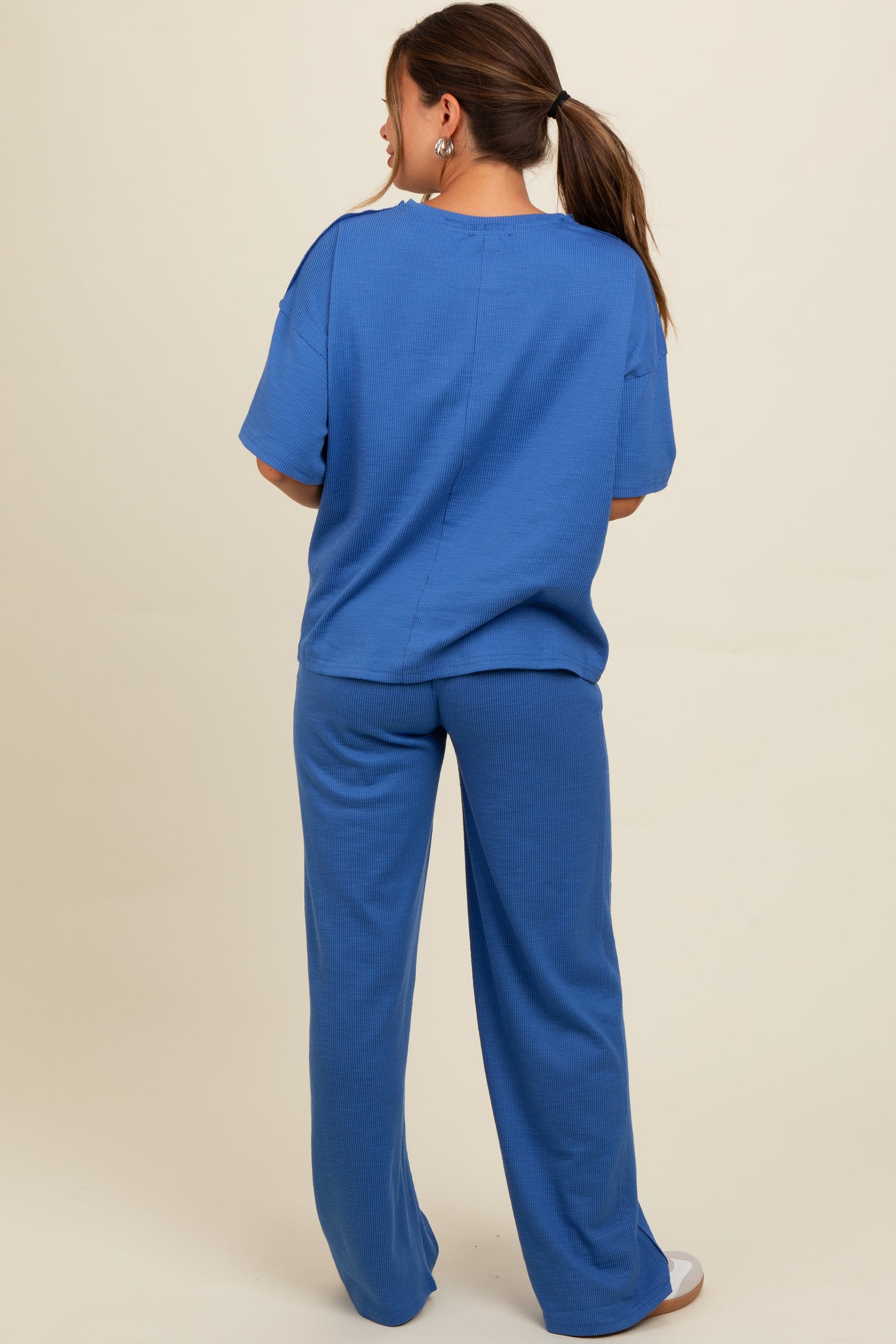 Blue Textured Knit Oversized Tee And Pants Maternity Set