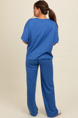 Blue Textured Knit Oversized Tee And Pants Maternity Set