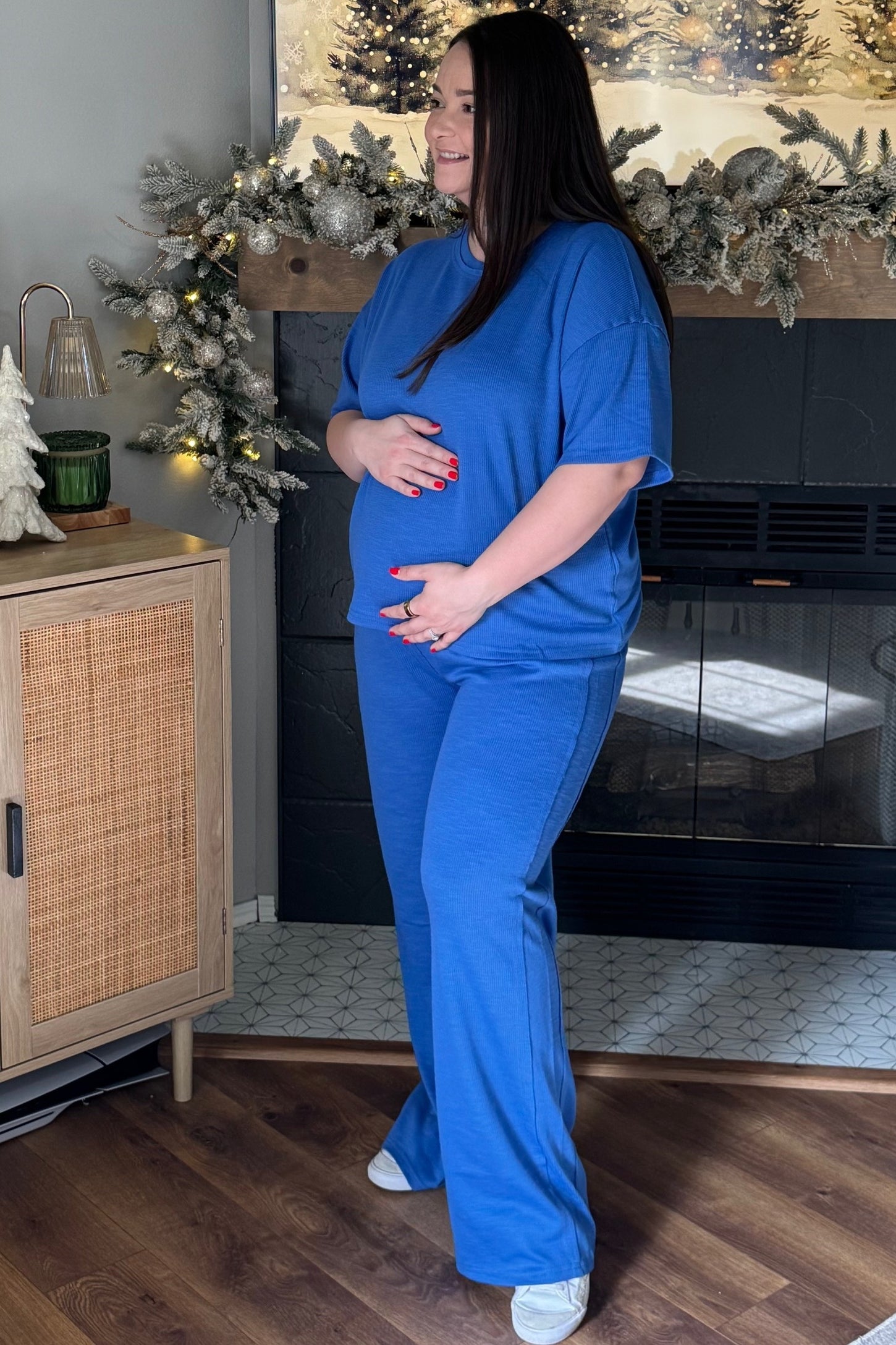 Blue Textured Knit Oversized Tee And Pants Maternity Set