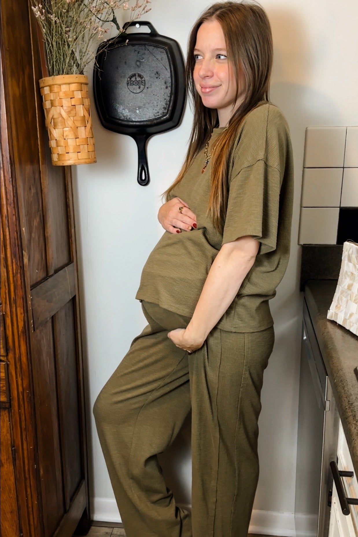 Olive Textured Knit Oversized Tee And Pants Maternity Set