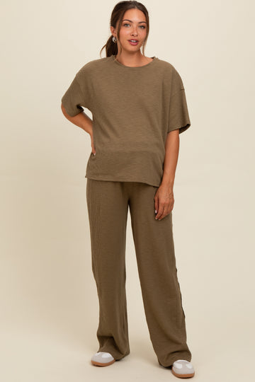 Olive Textured Knit Oversized Tee And Pants Maternity Set