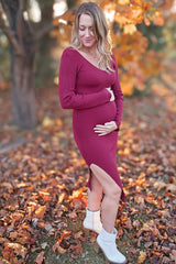 Burgundy Ribbed Knit Side Slit Maternity Midi Dress