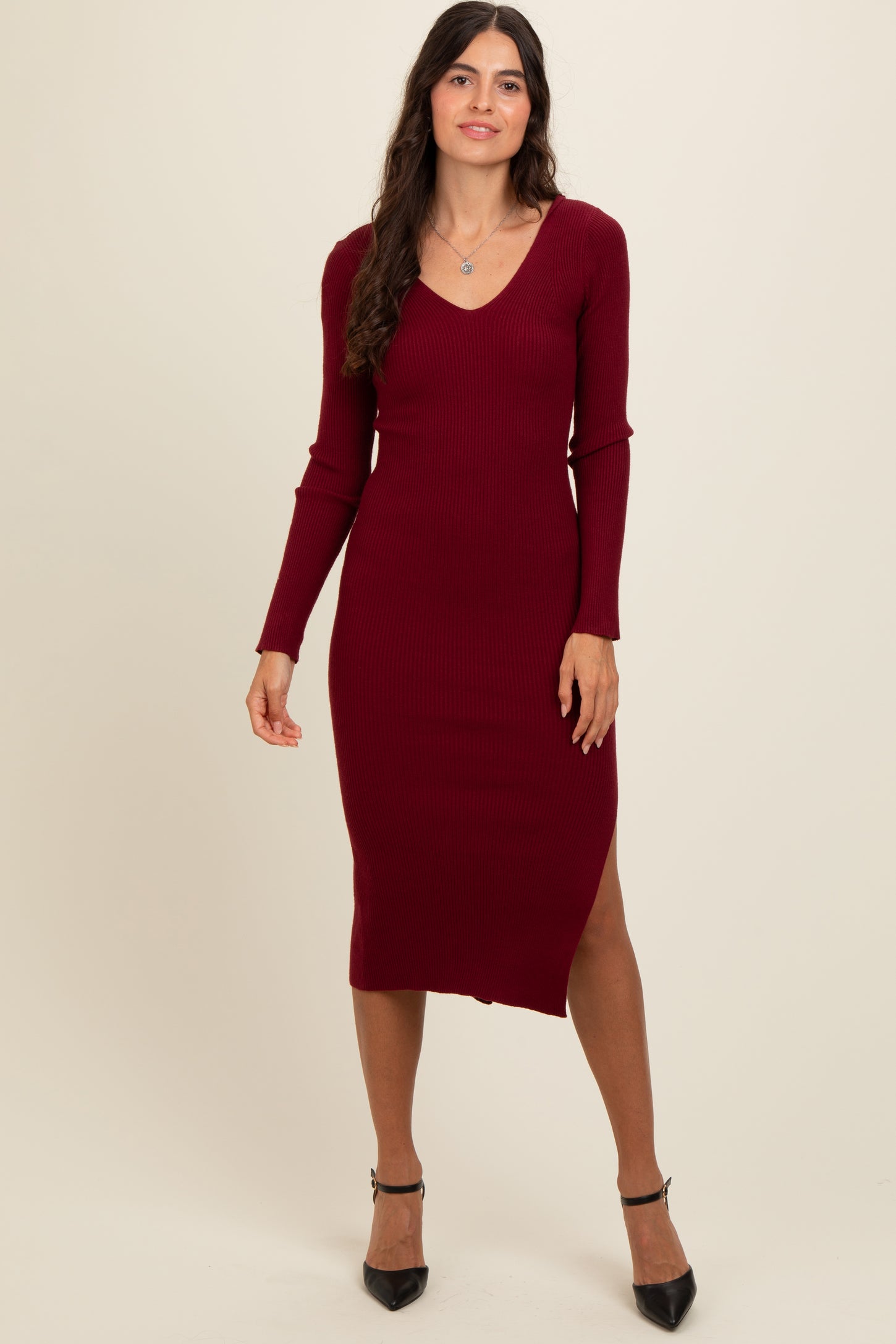 Burgundy Ribbed Knit Side Slit Maternity Midi Dress PinkBlush Burgundy Ribbed Knit Side Slit Maternity Midi Dress PinkBlush