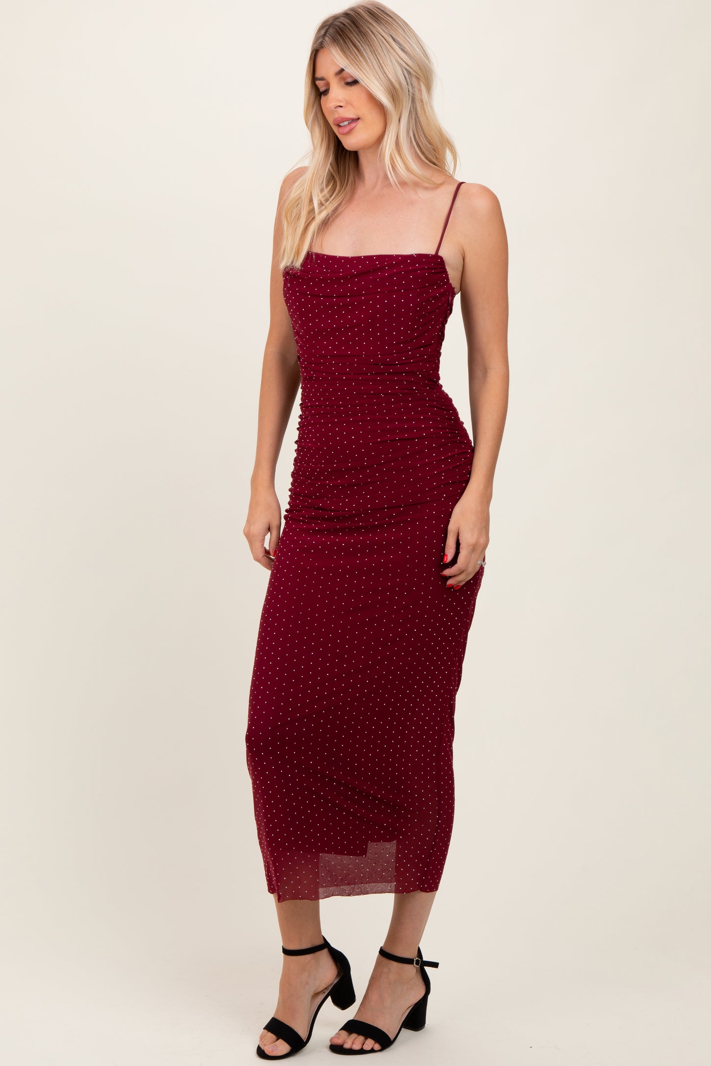 Burgundy Rhinestone Fitted Ruched Maxi Dress PinkBlush Burgundy Rhinestone Fitted Ruched Maxi Dress PinkBlush