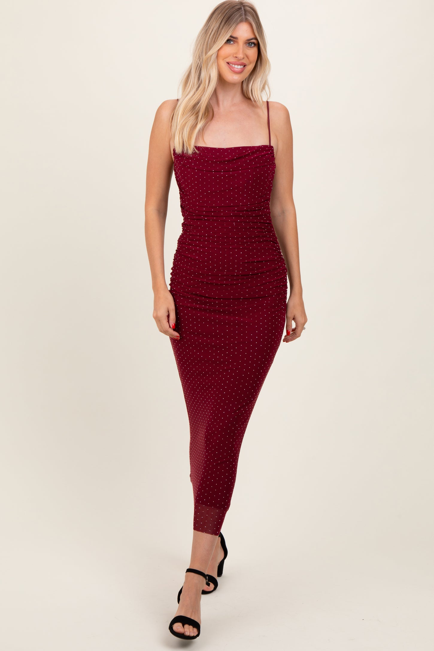 Burgundy Rhinestone Fitted Ruched Maxi Dress PinkBlush Burgundy Rhinestone Fitted Ruched Maxi Dress PinkBlush