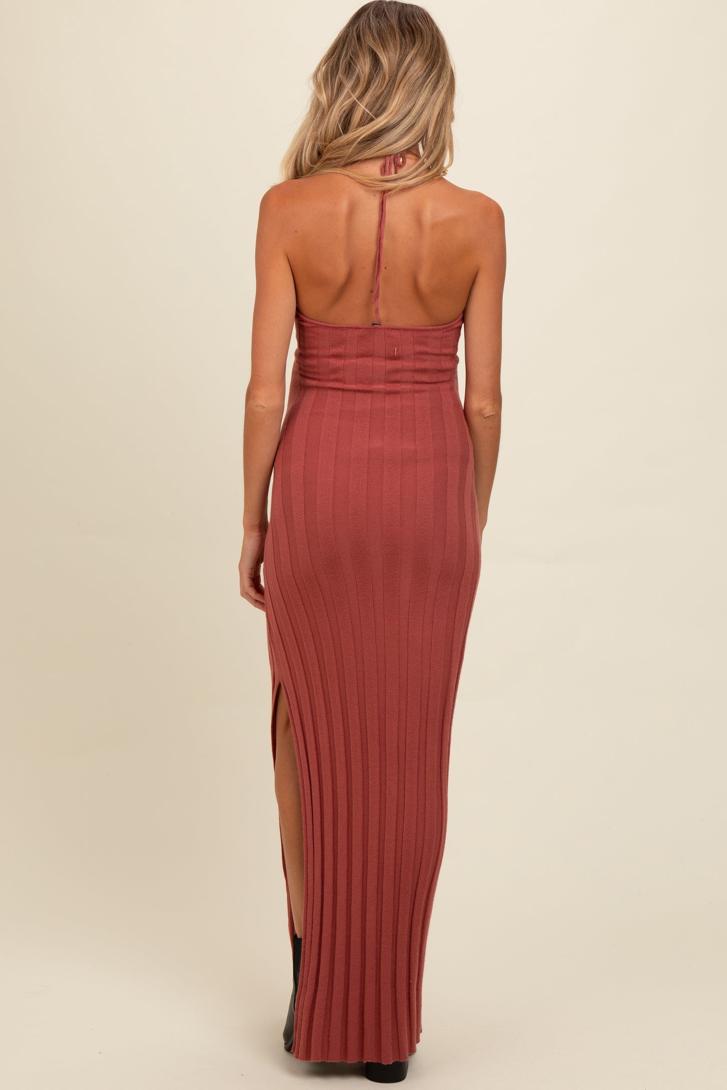 Rust Ribbed Knit Halter Neck Maternity Maxi Dress – PinkBlush