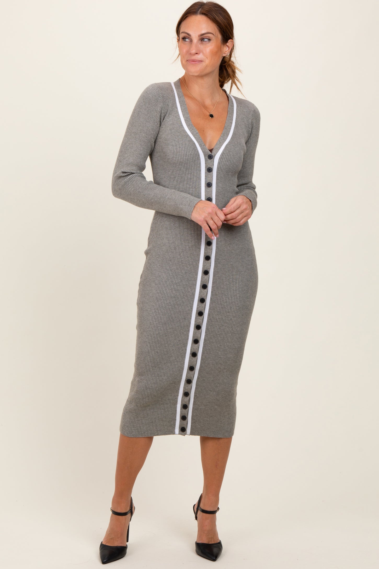 stylish maternity dress Charcoal Knit Contrast Stripe Button Down Maternity Dress