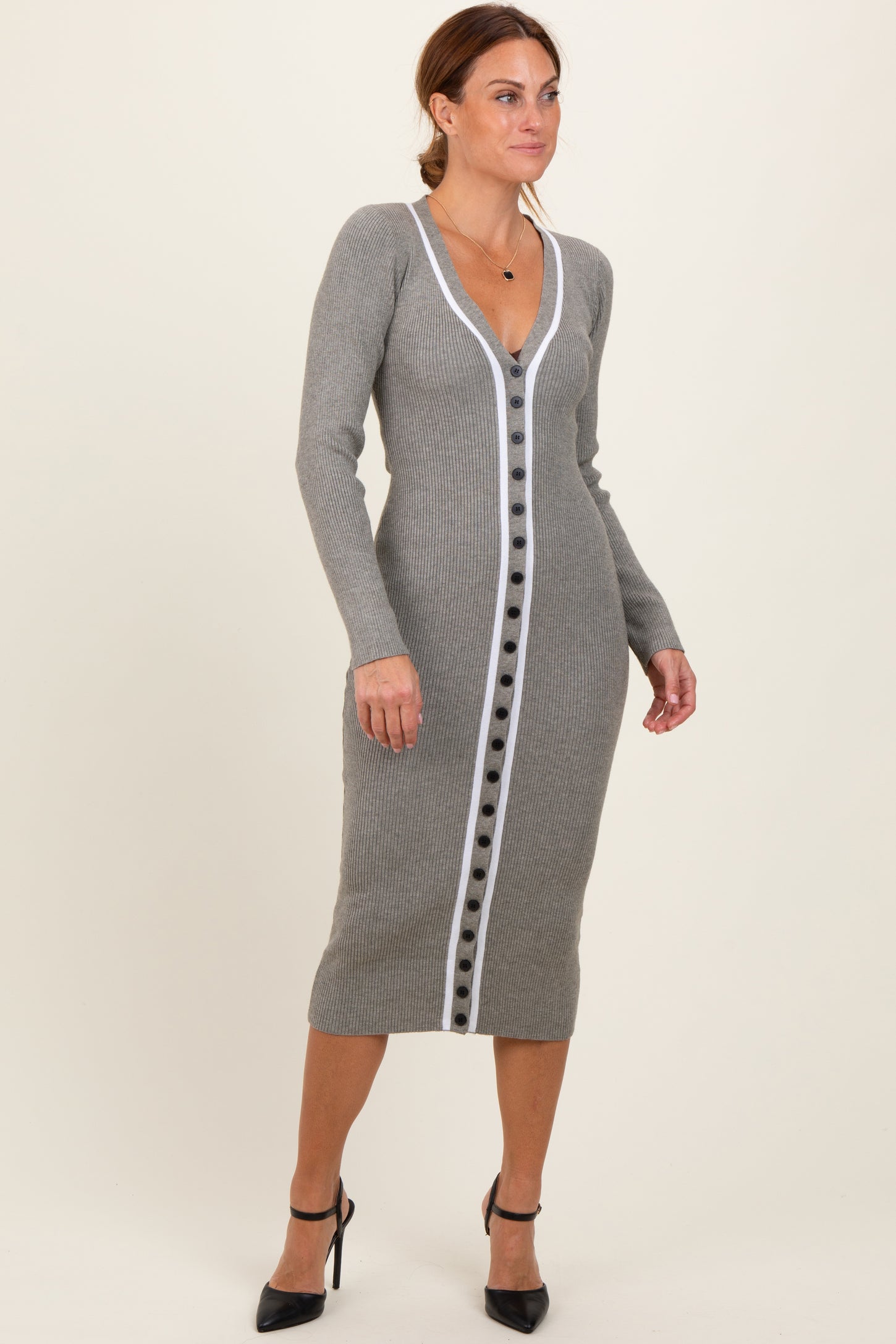 Charcoal Knit Contrast Stripe Button Down Dress PinkBlush Charcoal Knit Contrast Stripe Button Down Dress PinkBlush