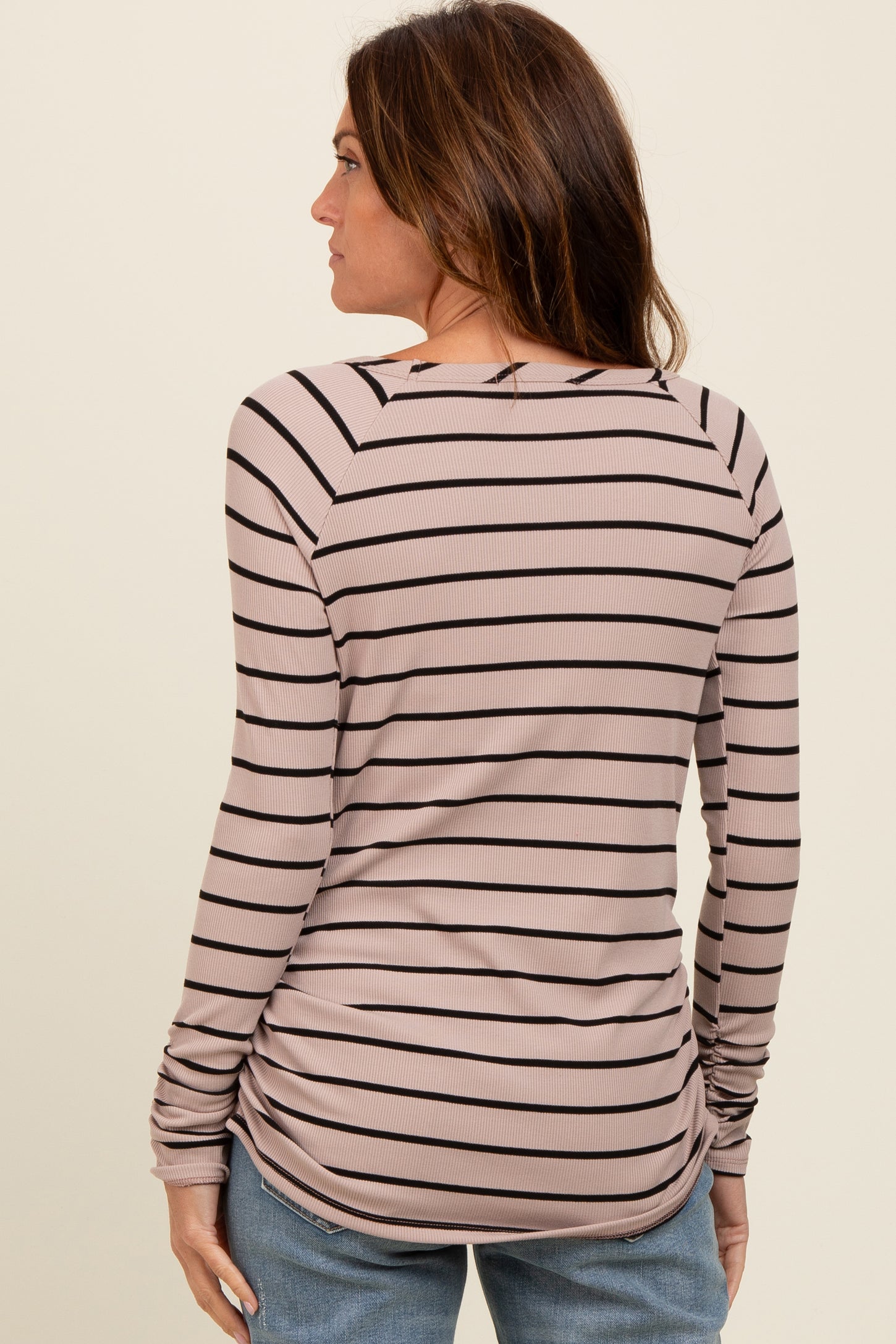 Beige Striped Ruched Side Long Sleeve Top