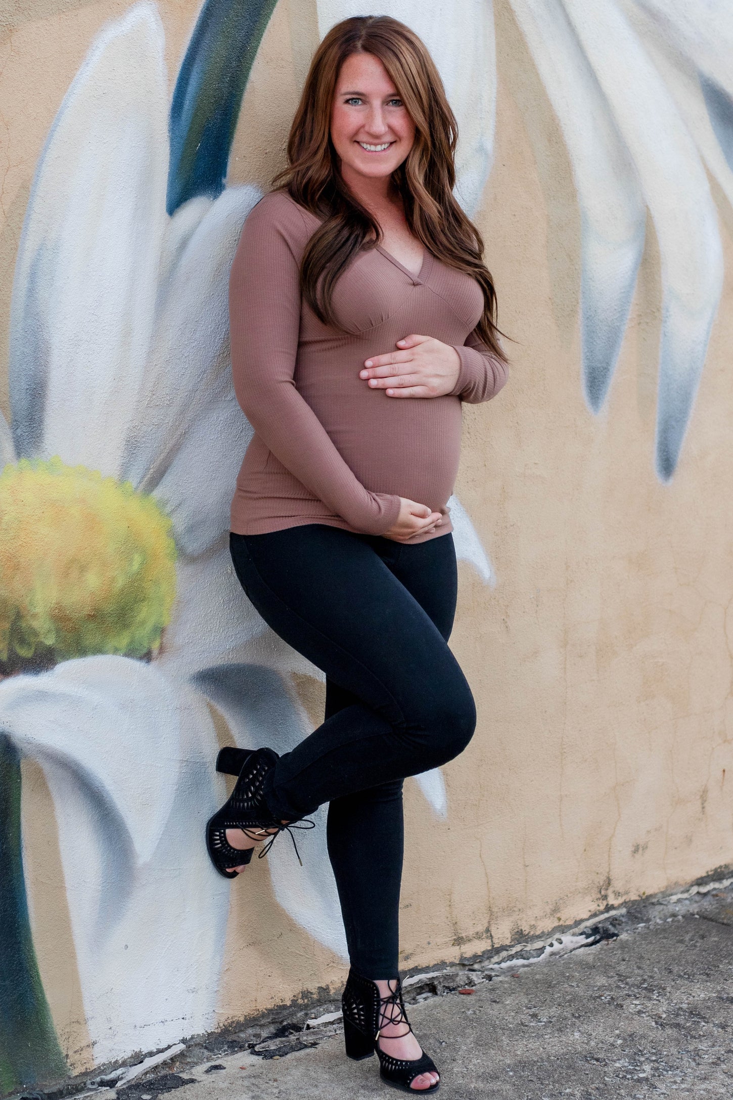Mocha Ribbed V-Neck Long Sleeve Maternity Top