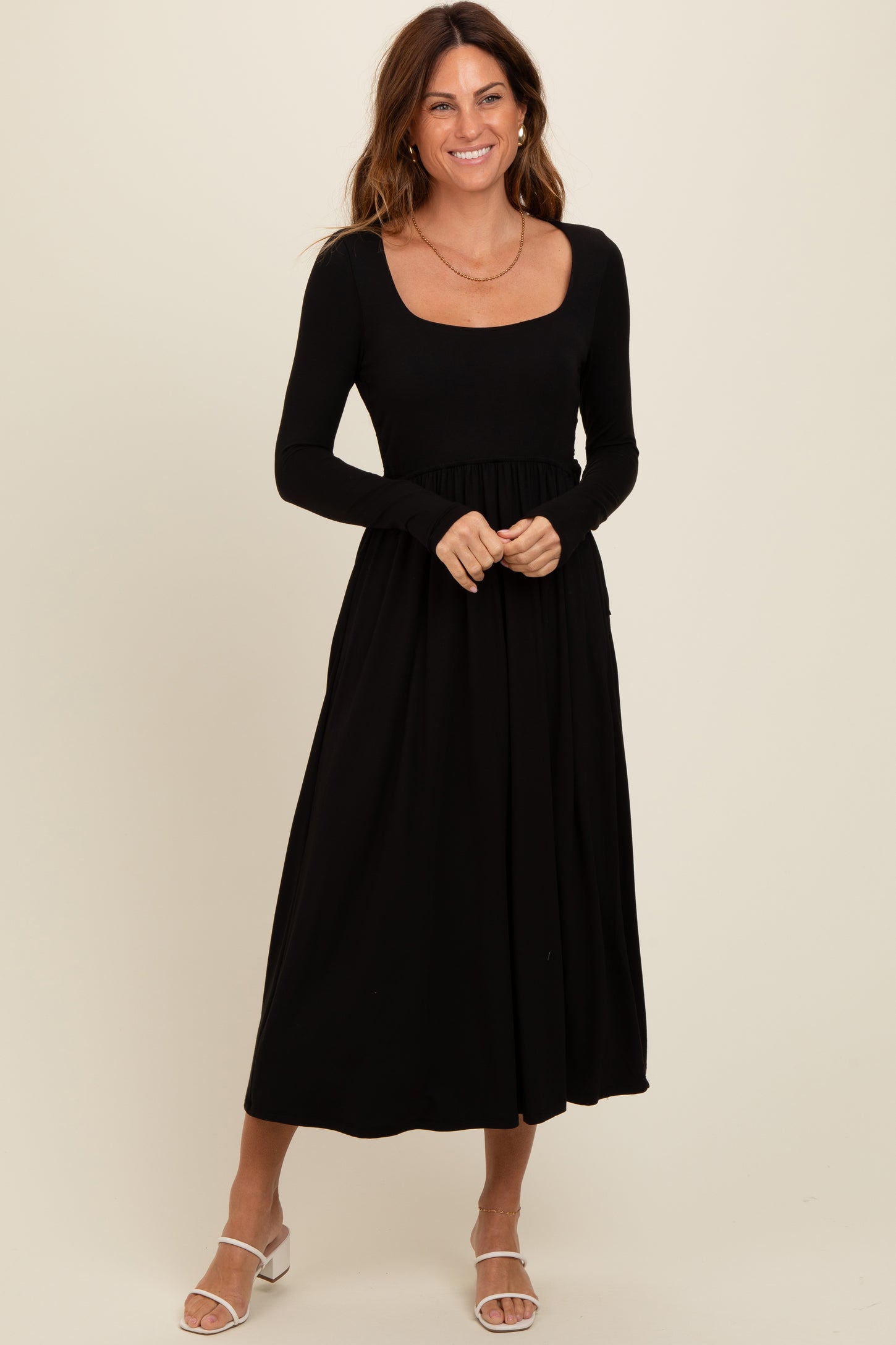 black square neck long sleeve midi dress US 2 / black