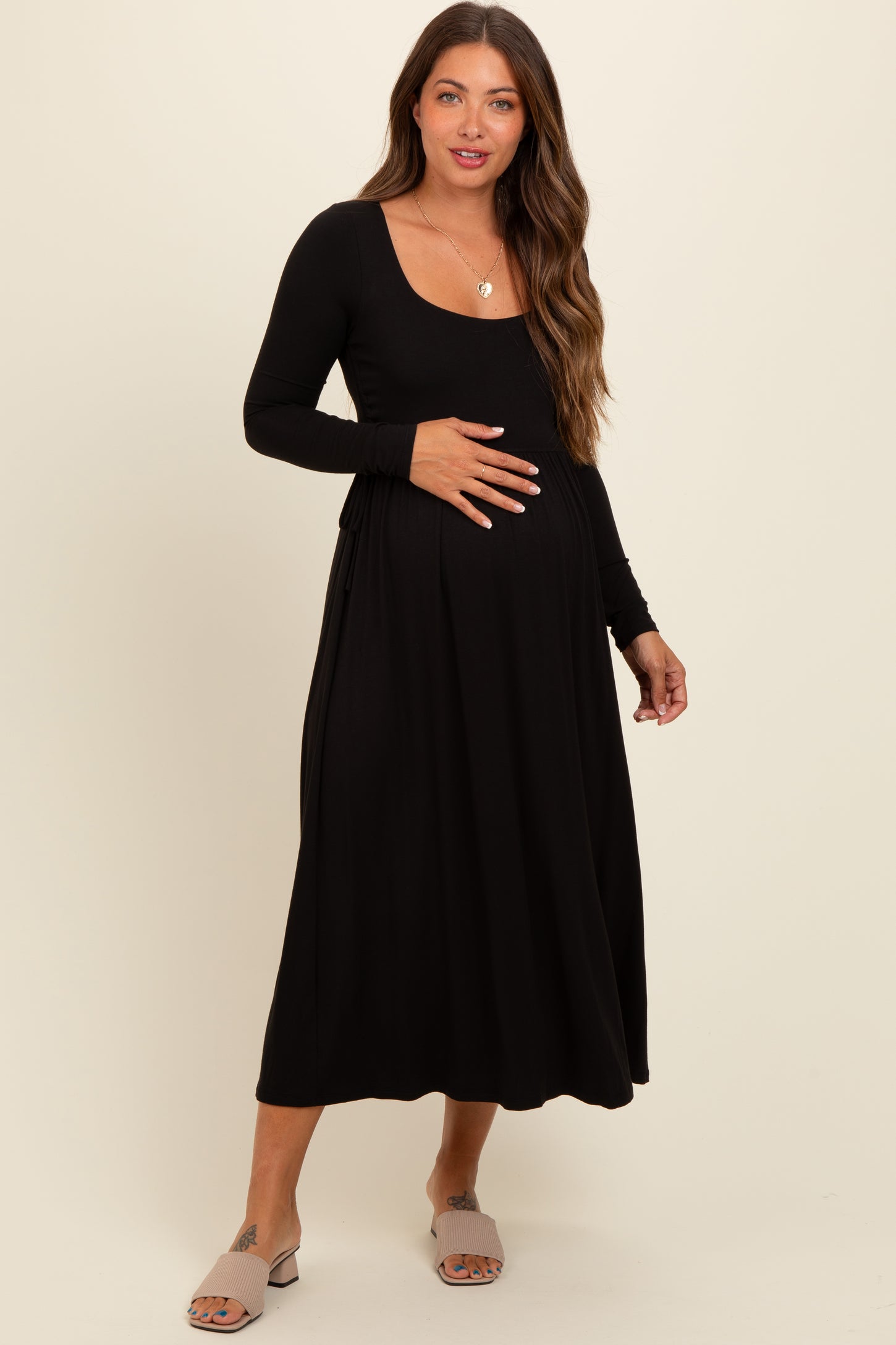 Black Square Neck Long Sleeve Maternity Midi Dress PinkBlush Black Square Neck Long Sleeve Maternity Midi Dress PinkBlush