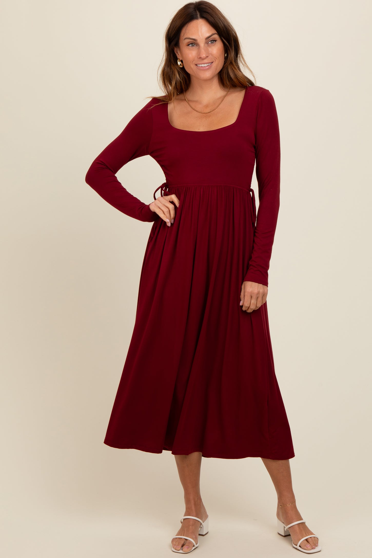 Burgundy Square Neck Long Sleeve Midi Dress PinkBlush Burgundy Square Neck Long Sleeve Midi Dress PinkBlush