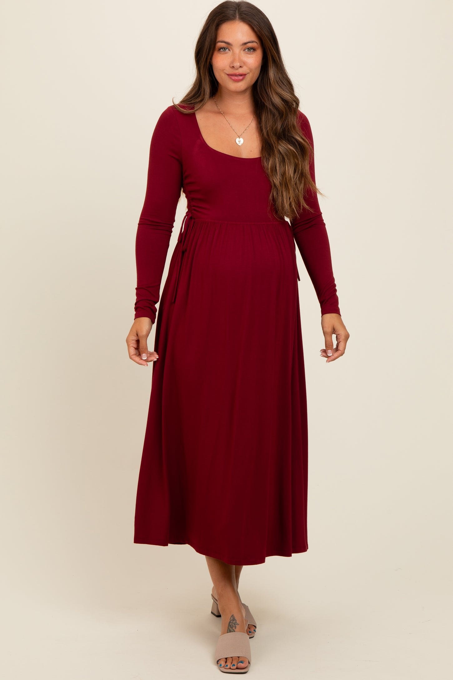 Burgundy Square Neck Long Sleeve Maternity Midi Dress – PinkBlush