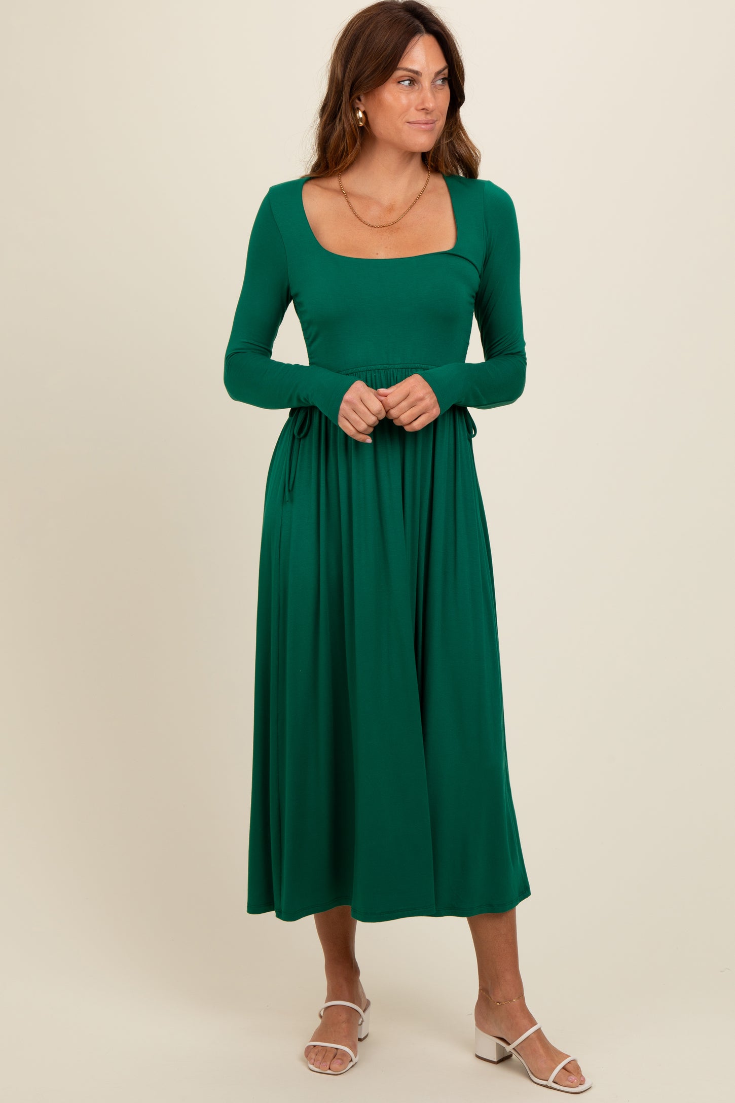 midi forest green dress Forest Green Long Sleeve Midi Dress