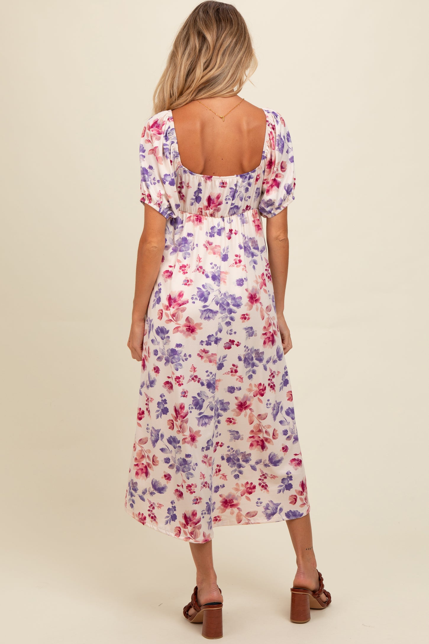 Ivory Floral V-Neck Maternity Midi Dress