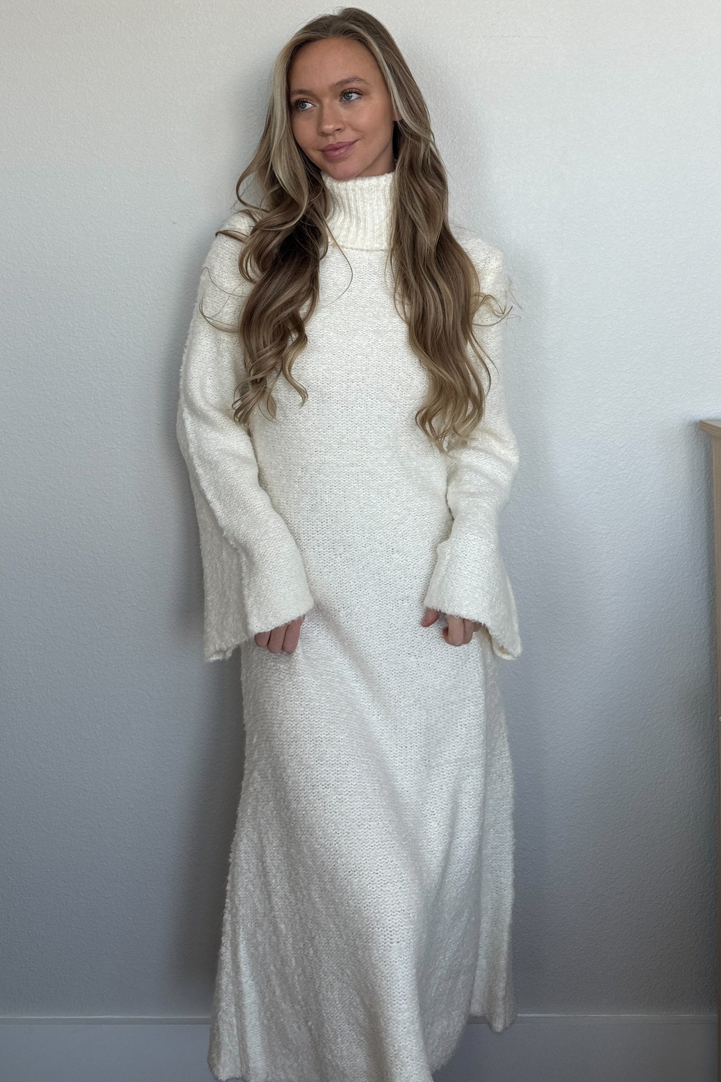 Ivory Turtleneck Bell Sleeve Sweater Dress