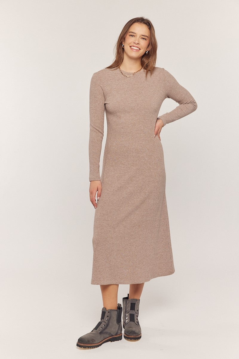 Mocha Ribbed Knit Side Slit Maternity Midi Dress