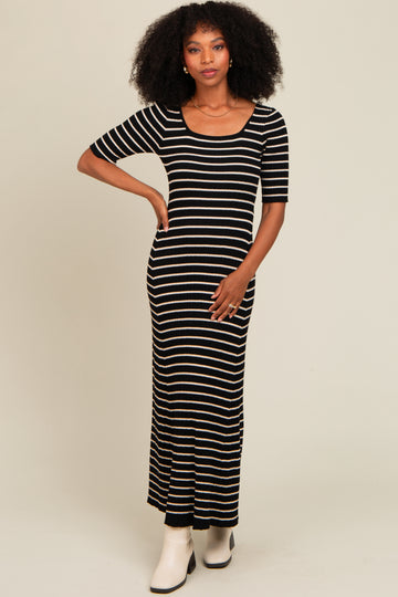 Black Striped Ribbed Short Sleeve Maxi Dress