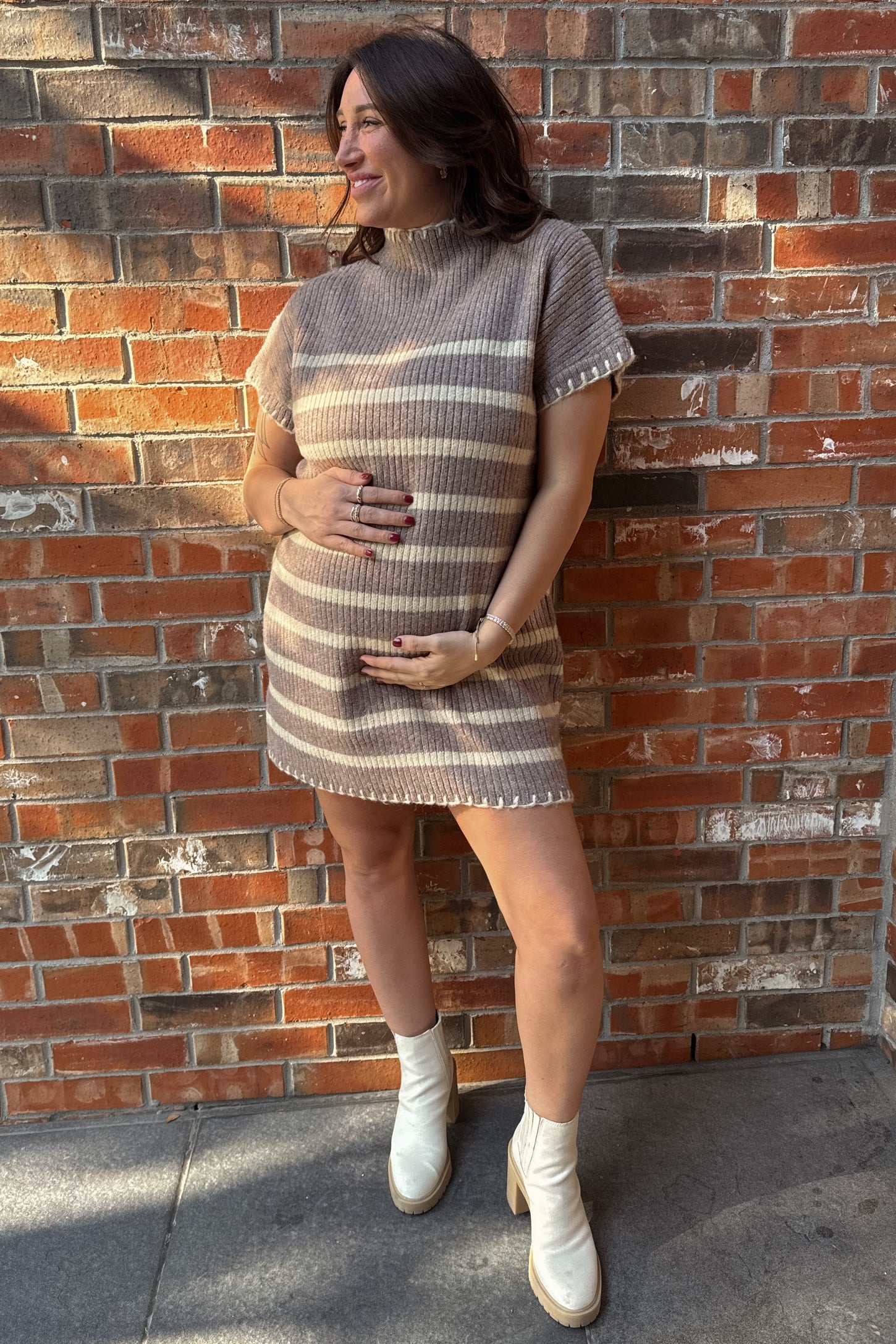 Mocha Striped Knit Contrast Stitch Maternity Mini Dress