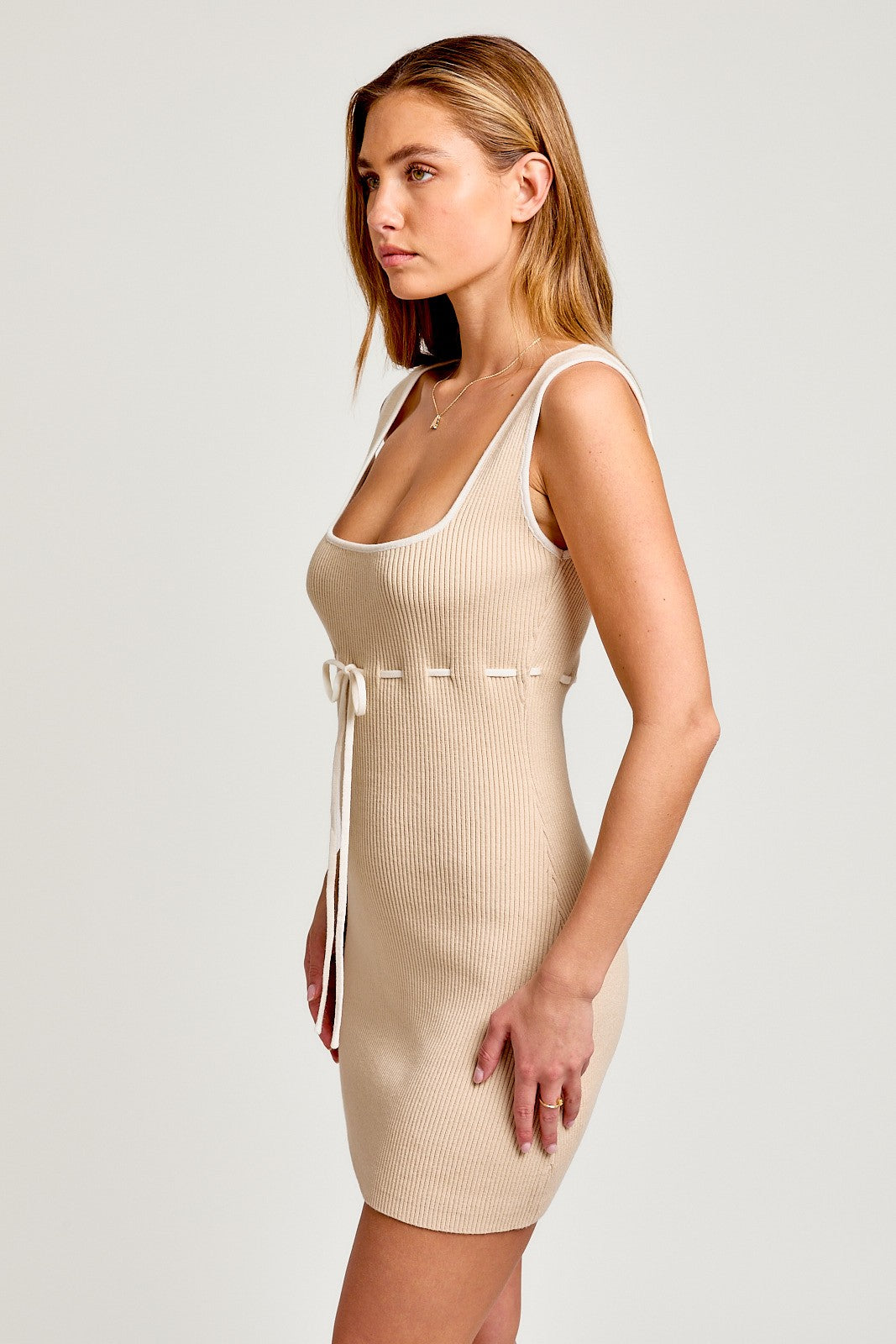 Beige White Stitch Detail Square Neck Sleeveless Sweater Dress Beige White Stitch Detail Square Neck Sleeveless Sweater Dress