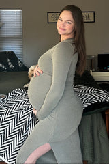 Olive Ribbed Long Sleeve Side Slit Maternity Maxi Dress