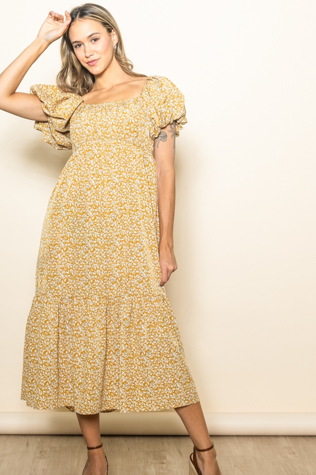 Yellow Floral Puffed Sleeve Midi Dress PinkBlush Yellow Floral Puffed Sleeve Midi Dress PinkBlush