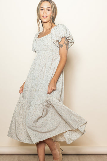 Light Taupe Floral Puffed Sleeve Midi Dress