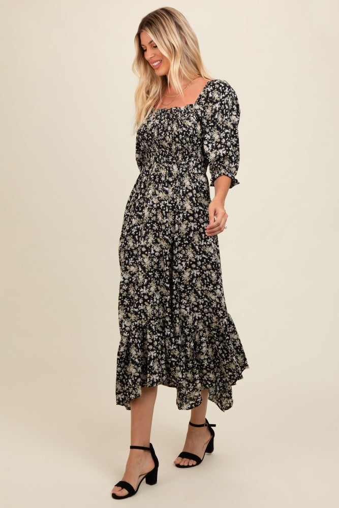 black handkerchief dress Black Smocked Handkerchief Hem Dress