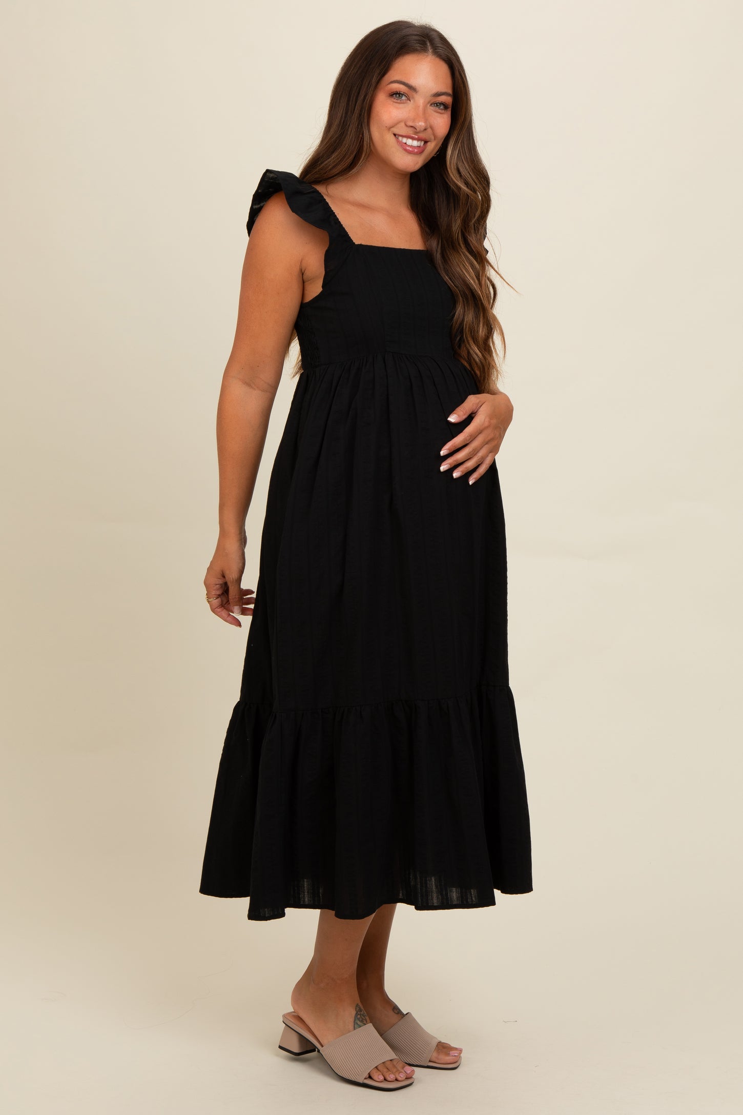 Black Textured Cotton Ruffle Strap Maternity Midi Dress – PinkBlush