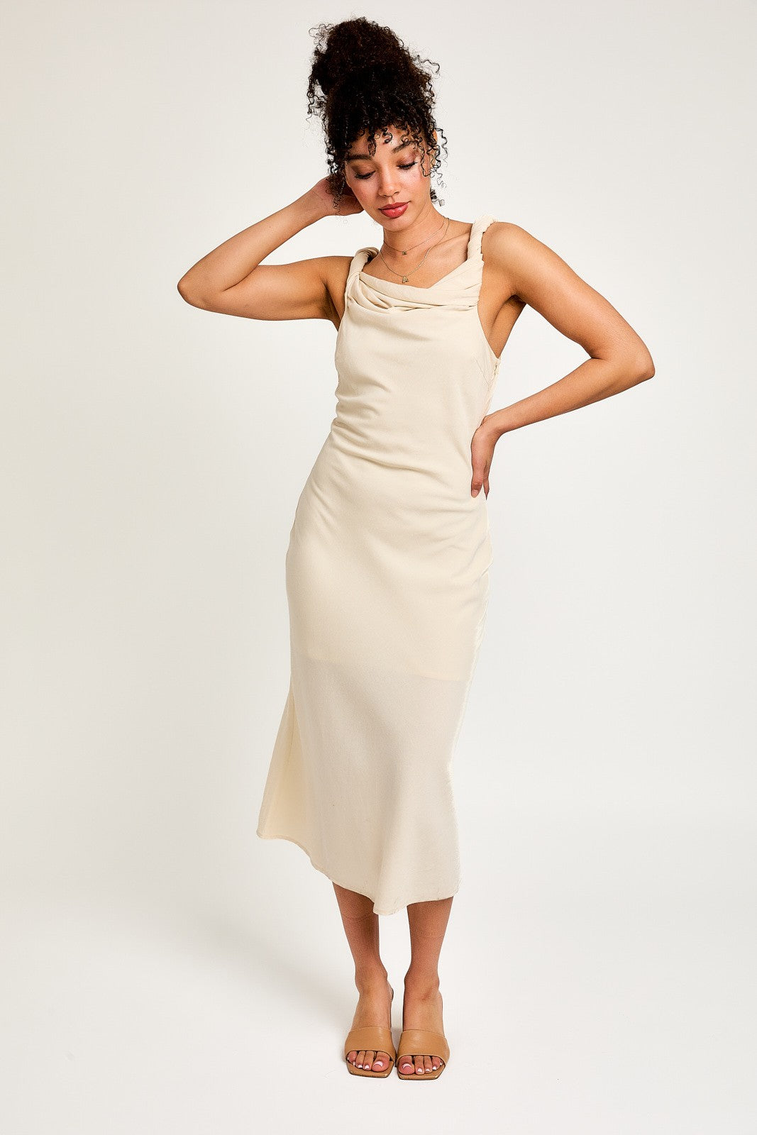 Cream Twist Detail U-Neck Midi Dress