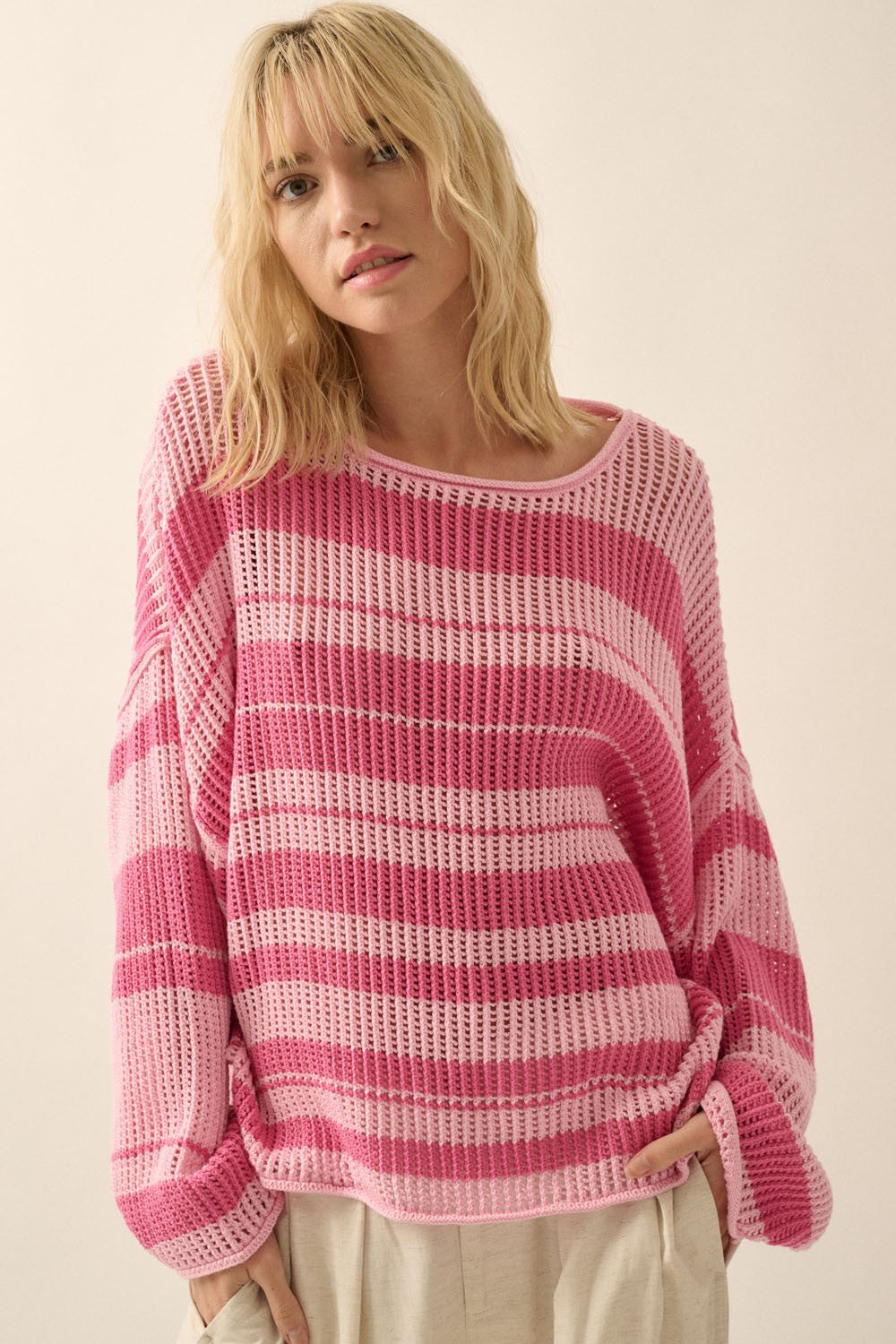 Pink Oversized Stripe Colorblock Crochet Knit Sweater – PinkBlush