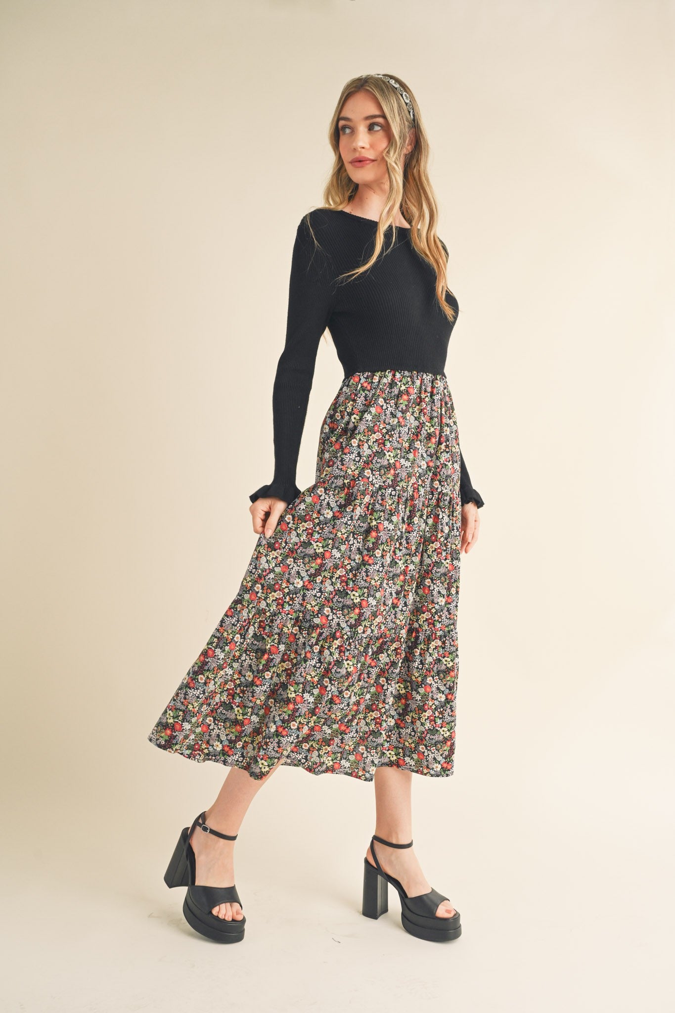 knit top woven skirt dress Contrast Cap Sleeve Striped Knit Top & Woven Skirt Combo Med